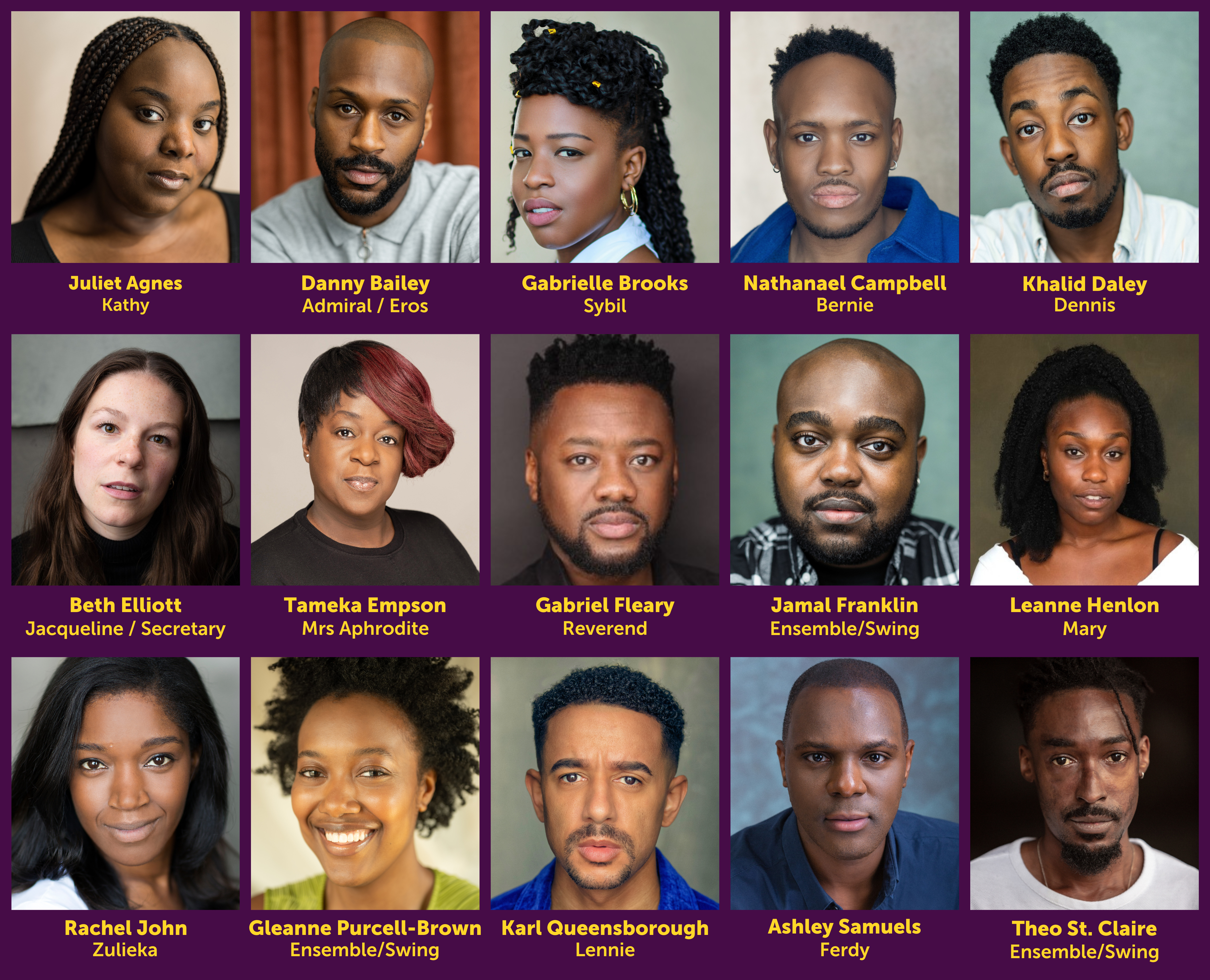 A collection of the cast of The Big Life, arranged on a purple background