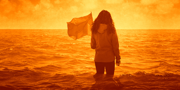 The poster for Extinct (A person stands in the sea with a flag, looking toward the horizon)